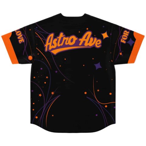 Black night sky jersey, back view with purple stars, orange orbit lines, Astro Ave text