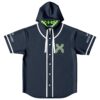 Navy festival jersey with neon green crossed-arrow emblem and patterned hood, front product view