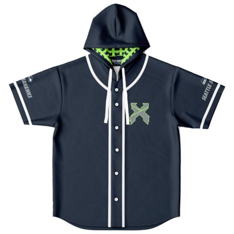 Navy festival jersey with neon green crossed-arrow emblem and patterned hood, front product view