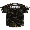 Liquid marble jersey back featuring gold veining, white “GASPARD” text, and outlined black cross emblem
