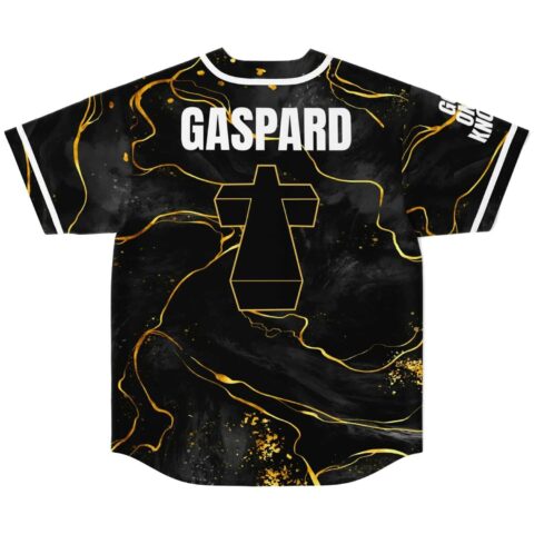 Liquid marble jersey back featuring gold veining, white “GASPARD” text, and outlined black cross emblem
