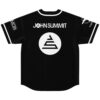 Black minimal-logo rave jersey, back view with large circular geometric emblem and white lettering