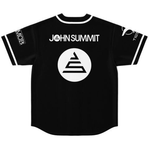 Black minimal-logo rave jersey, back view with large circular geometric emblem and white lettering