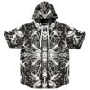 Front view of black-and-white symmetrical psychedelic jersey with RAVE BONFIRE APPAREL label, hood raised