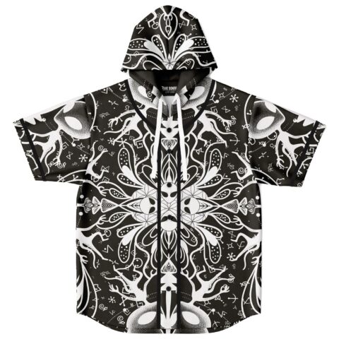 Front view of black-and-white symmetrical psychedelic jersey with RAVE BONFIRE APPAREL label, hood raised