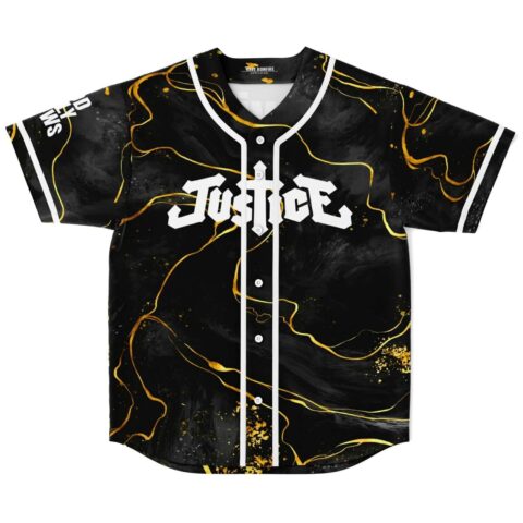Black liquid marble jersey with gold veining, white piping, and JUSTICE lettering, front view