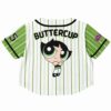 Back of the green striped rave cropped baseball jersey with a graphic and text