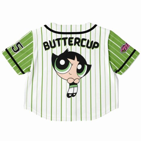 Green striped cropped baseball jersey featuring graphic and text back