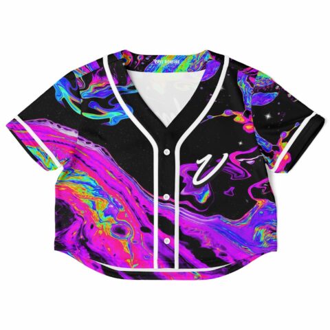 Cropped baseball jersey with vibrant pink, blue, and purple swirl pattern