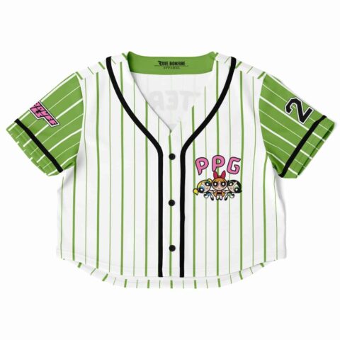 Cropped baseball jersey with green stripes and colorful front graphic