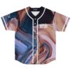 Abstract navy, mauve, and copper marbled baseball jersey, white piping, front lettering, front view