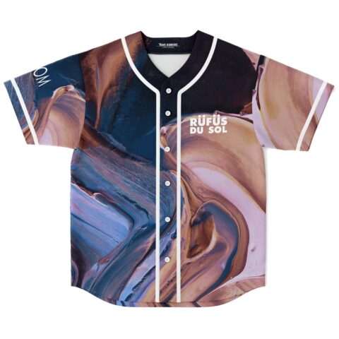 Abstract navy, mauve, and copper marbled baseball jersey, white piping, front lettering, front view