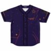 Deep indigo starry cosmic pattern with orange stars and neon orbital lines front view