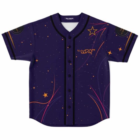 Deep indigo starry cosmic pattern with orange stars and neon orbital lines front view