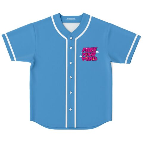 Sky blue front view with white trim, buttons, and bubbly “FREE YOUR MIND” chest graphic