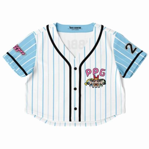 Cropped baseball jersey with blue stripes and playful cartoon-style design