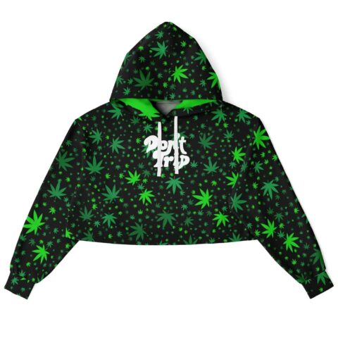 Cropped hoodie with green leaf pattern and white text