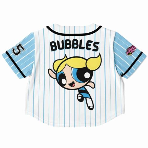 Back view of cropped baseball jersey with cartoon character design and bold typography