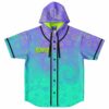 Purple teal scattered outline pattern hooded jersey front view with neon shapes and REAPER text