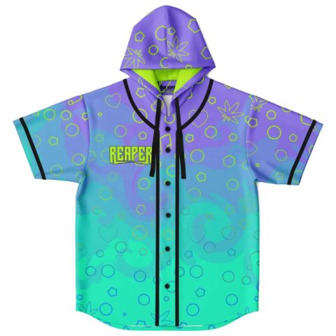 Purple teal scattered outline pattern hooded jersey front view with neon shapes and REAPER text