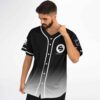 Angled front view of black-to-white minimal gradient jersey with white piping and circular music-style emblem
