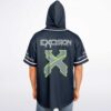 Navy festival jersey back view with large neon green geometric emblem and attached hood