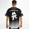 Back view on model showcasing the black-to-white minimal gradient and large cartoon-style cat emblem