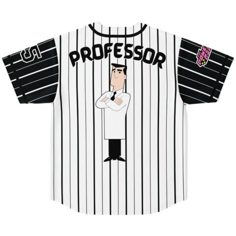 Pinstripe jersey back displays readable PROFESSOR text above a cartoon-style scientist illustration