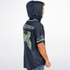 Navy festival jersey side view with neon green back emblem and contrasting white sleeve trim