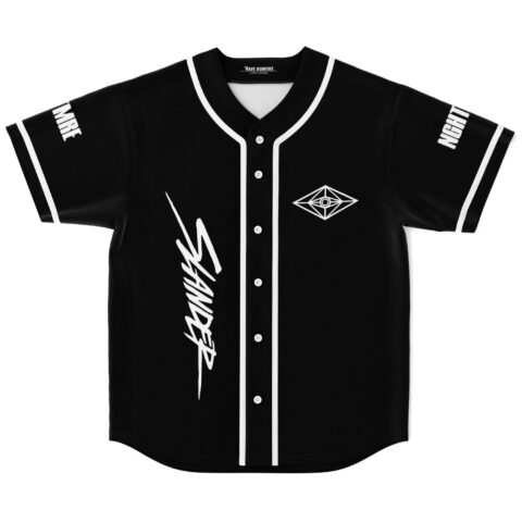 Black jersey front with white piping, geometric eye emblem, and vertical stylized wordmark