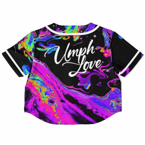 Back view of cropped jersey featuring text on colorful swirl design