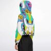 Side view of the trippy rave cropped hoodie showing the teal and yellow graphics wrapping around