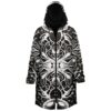 Hooded cloak featuring symmetrical psychedelic eyes and mystical symbols in front view