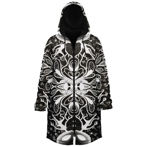Hooded cloak featuring symmetrical psychedelic eyes and mystical symbols in front view