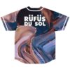 Abstract navy, mauve, and copper marbled jersey, large white back lettering, sleeve text, back view