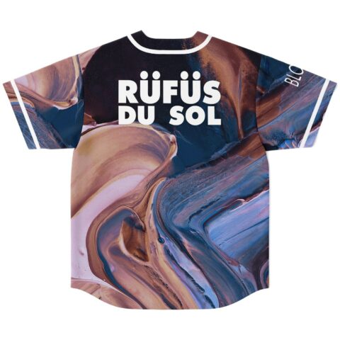 Abstract navy, mauve, and copper marbled jersey, large white back lettering, sleeve text, back view
