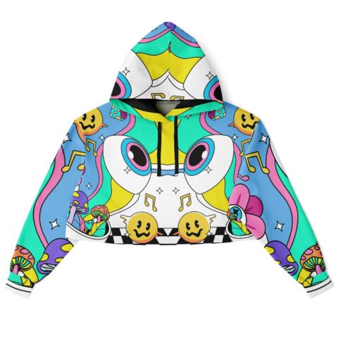 Cropped hoodie with vibrant trippy patterns in teal and yellow