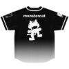 Back view of black-to-white minimal gradient design with white block lettering and cartoon-style cat emblem