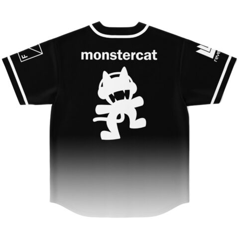 Back view of black-to-white minimal gradient design with white block lettering and cartoon-style cat emblem