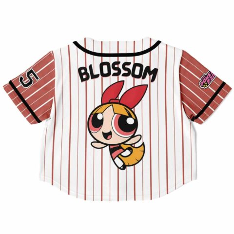 Back view of cropped baseball jersey with character design and bold lettering