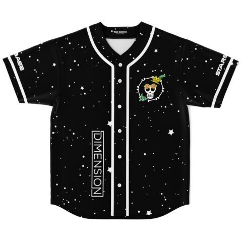 Black starry galaxy pattern jersey front view with crowned skeleton emblem and vertical “DIMENSION” lettering