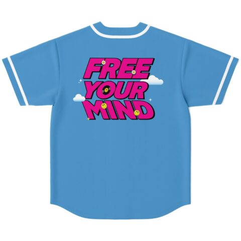 Sky blue back view featuring bubbly “FREE YOUR MIND” lettering, clouds, flowers, and smiley faces