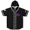 Black jersey front with purple woolly mammoth emblem and patterned hood lining