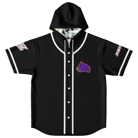 Black jersey front with purple woolly mammoth emblem and patterned hood lining