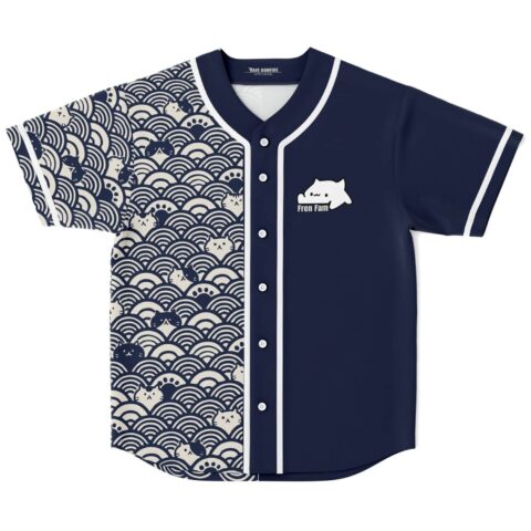 Navy blue seigaiha wave pattern with playful cats and “Fren Fam” patch, front view