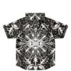 Back view of black-and-white symmetrical psychedelic pattern with alien faces, displayed on white background