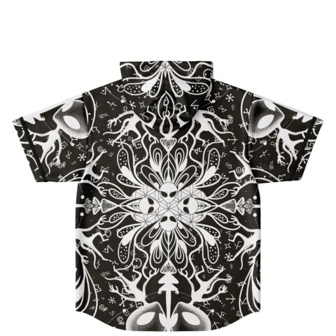 Back view of black-and-white symmetrical psychedelic pattern with alien faces, displayed on white background
