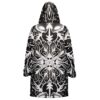 Hooded cloak with black-and-white alien mandala pattern shown in back view