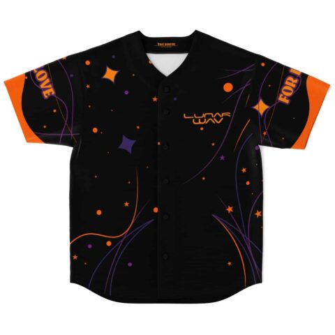 Black night sky jersey, front view with purple stars, orange orbit lines, button closure