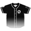 Black-to-white minimal gradient jersey front view with white piping, buttons, and circular music-style emblem